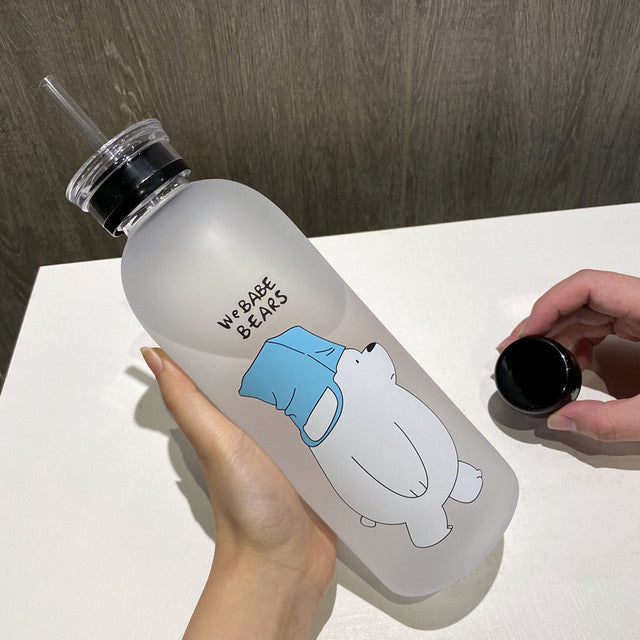 1L Cute Panda Bear Straw Cup Transparent Water Bottles Leak-proof Frosted Protein Shaker Drink Bottle For Outdoor Sports Fitness
