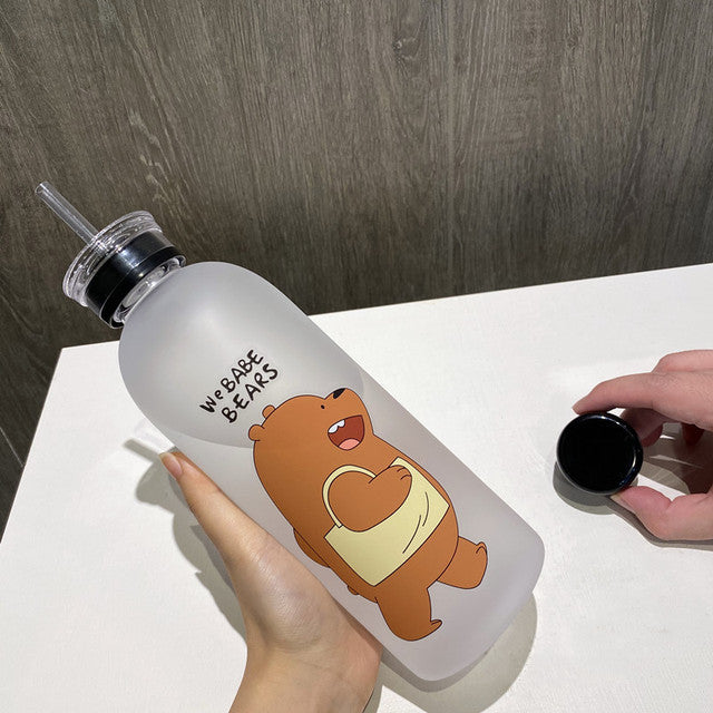 1L Cute Panda Bear Straw Cup Transparent Water Bottles Leak-proof Frosted Protein Shaker Drink Bottle For Outdoor Sports Fitness