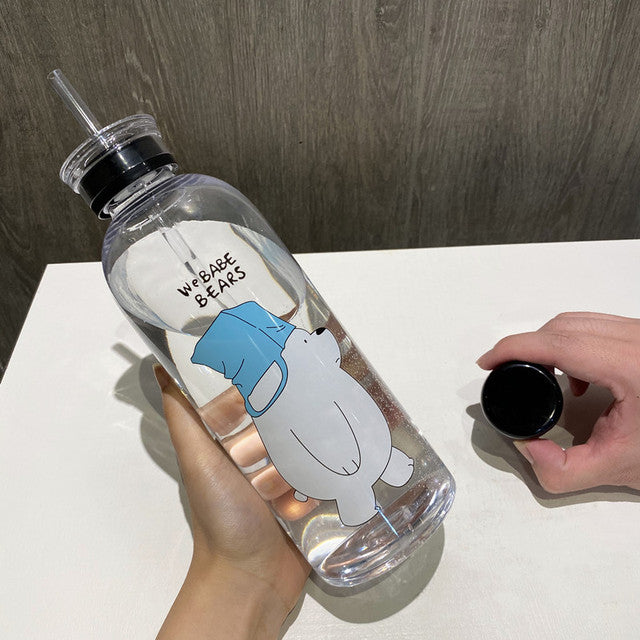 1L Cute Panda Bear Straw Cup Transparent Water Bottles Leak-proof Frosted Protein Shaker Drink Bottle For Outdoor Sports Fitness
