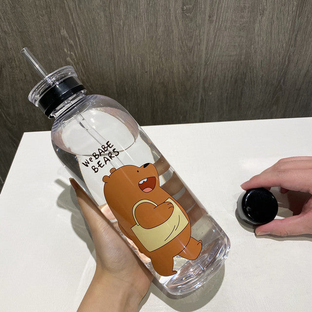 1L Cute Panda Bear Straw Cup Transparent Water Bottles Leak-proof Frosted Protein Shaker Drink Bottle For Outdoor Sports Fitness