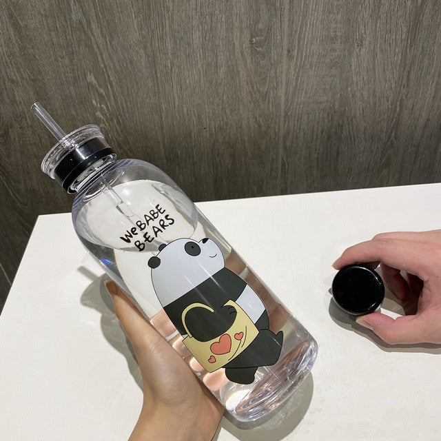 1L Cute Panda Bear Straw Cup Transparent Water Bottles Leak-proof Frosted Protein Shaker Drink Bottle For Outdoor Sports Fitness