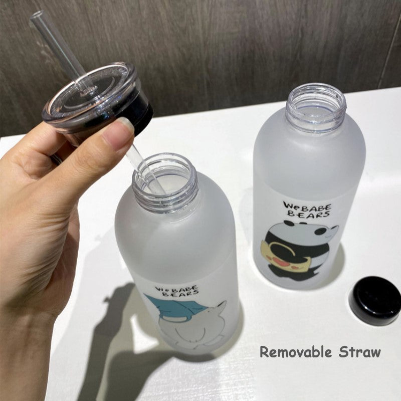 1L Cute Panda Bear Straw Cup Transparent Water Bottles Leak-proof Frosted Protein Shaker Drink Bottle For Outdoor Sports Fitness