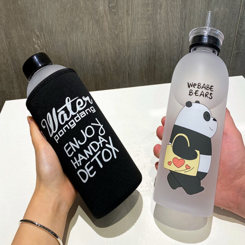 1L Cute Panda Bear Straw Cup Transparent Water Bottles Leak-proof Frosted Protein Shaker Drink Bottle For Outdoor Sports Fitness
