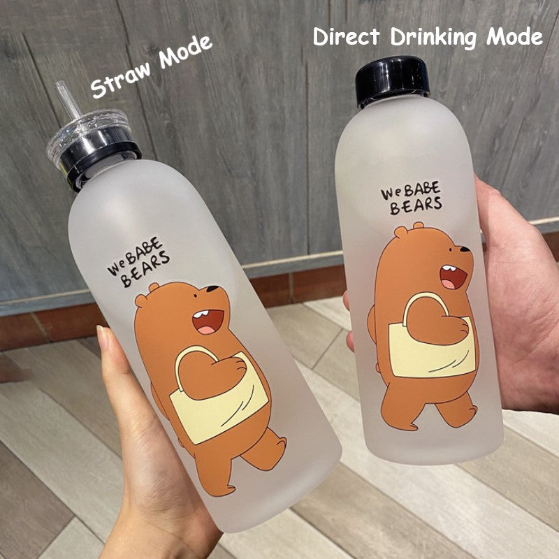 1L Cute Panda Bear Straw Cup Transparent Water Bottles Leak-proof Frosted Protein Shaker Drink Bottle For Outdoor Sports Fitness