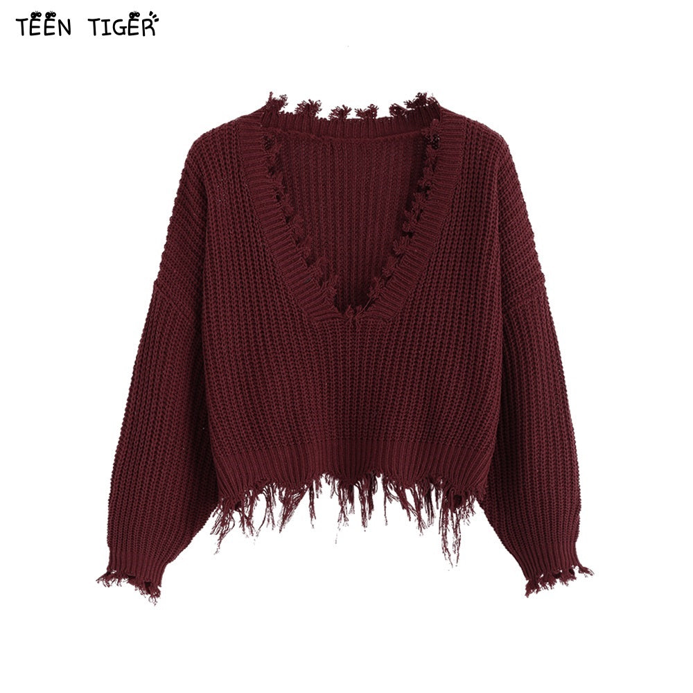 TEEN TIGER Loose Ripped V Neck girls stylish sweater designs for women