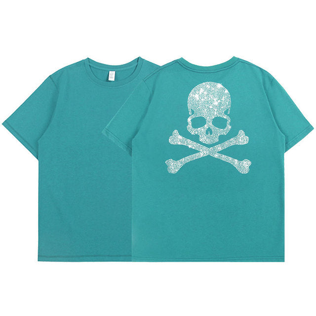 2022 Summer Women 100% Cotton 5XL Color Black Short Sleeve T SHIRTS Lady Silver Skulls Diamond Printed T-shirt Round Neck Tops