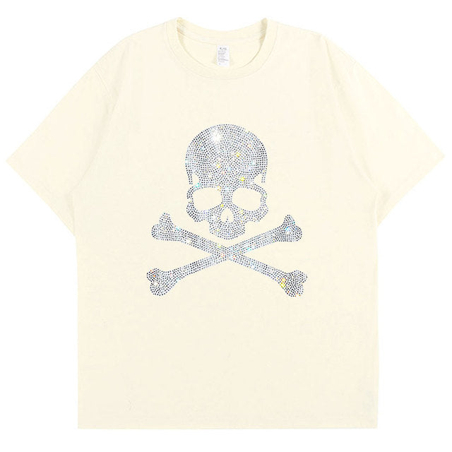 2022 Summer Women 100% Cotton 5XL Color Black Short Sleeve T SHIRTS Lady Silver Skulls Diamond Printed T-shirt Round Neck Tops