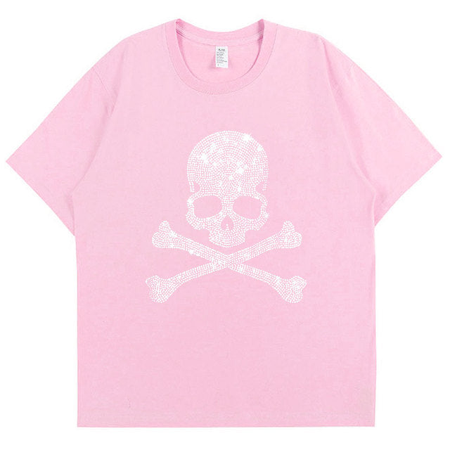 2022 Summer Women 100% Cotton 5XL Color Black Short Sleeve T SHIRTS Lady Silver Skulls Diamond Printed T-shirt Round Neck Tops