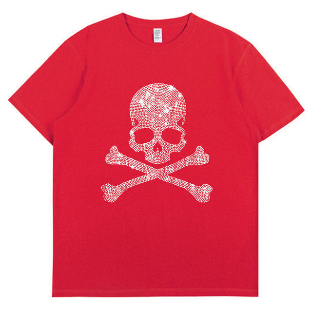 2022 Summer Women 100% Cotton 5XL Color Black Short Sleeve T SHIRTS Lady Silver Skulls Diamond Printed T-shirt Round Neck Tops