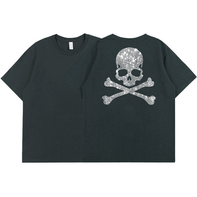 2022 Summer Women 100% Cotton 5XL Color Black Short Sleeve T SHIRTS Lady Silver Skulls Diamond Printed T-shirt Round Neck Tops