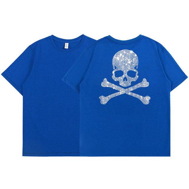 2022 Summer Women 100% Cotton 5XL Color Black Short Sleeve T SHIRTS Lady Silver Skulls Diamond Printed T-shirt Round Neck Tops