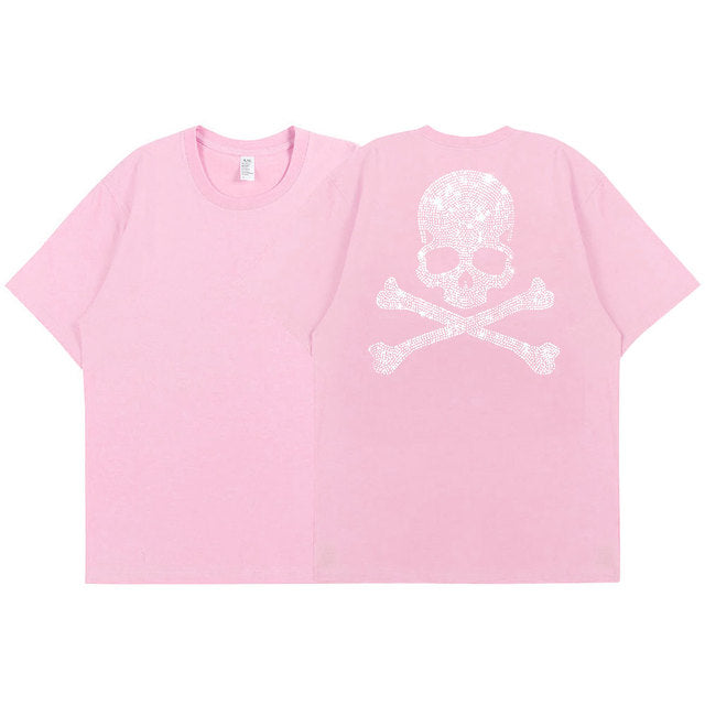 2022 Summer Women 100% Cotton 5XL Color Black Short Sleeve T SHIRTS Lady Silver Skulls Diamond Printed T-shirt Round Neck Tops