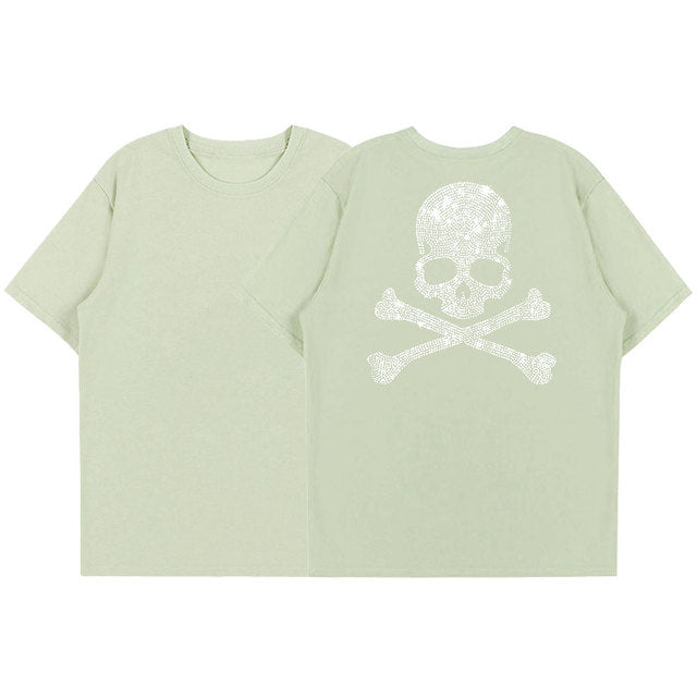 2022 Summer Women 100% Cotton 5XL Color Black Short Sleeve T SHIRTS Lady Silver Skulls Diamond Printed T-shirt Round Neck Tops