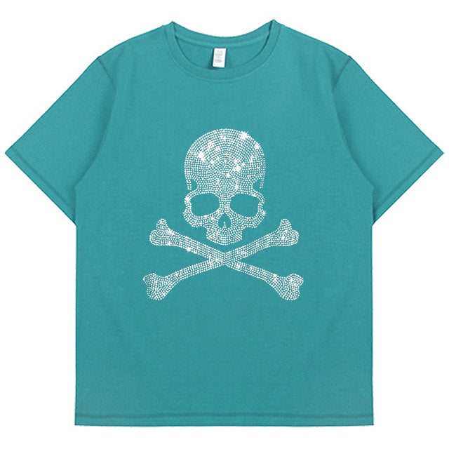 2022 Summer Women 100% Cotton 5XL Color Black Short Sleeve T SHIRTS Lady Silver Skulls Diamond Printed T-shirt Round Neck Tops