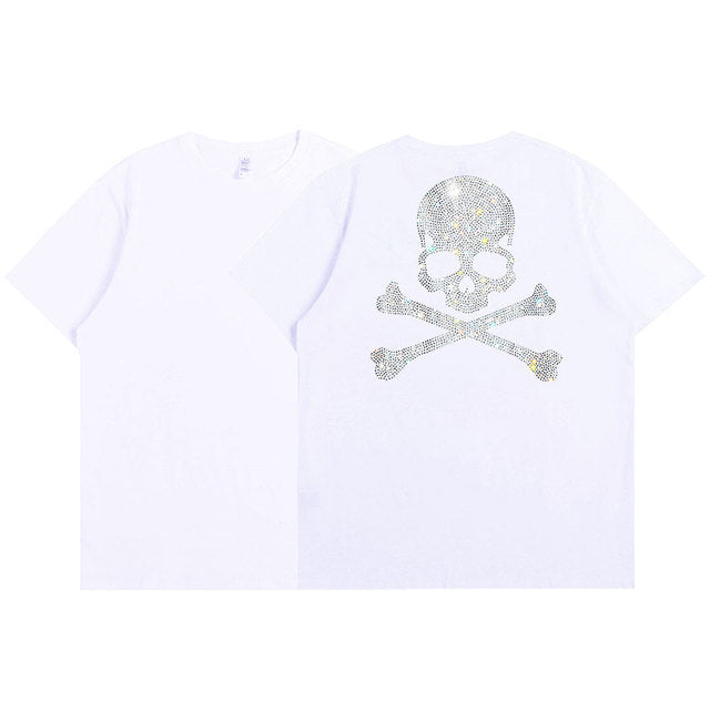 2022 Summer Women 100% Cotton 5XL Color Black Short Sleeve T SHIRTS Lady Silver Skulls Diamond Printed T-shirt Round Neck Tops