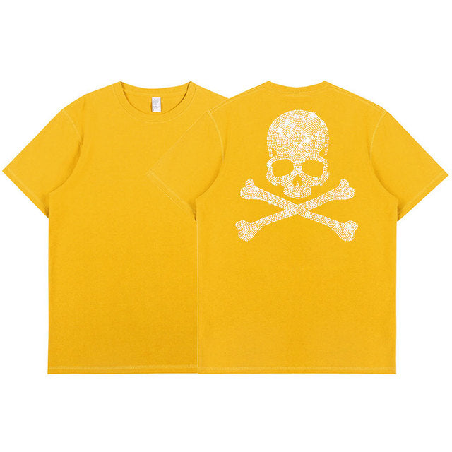2022 Summer Women 100% Cotton 5XL Color Black Short Sleeve T SHIRTS Lady Silver Skulls Diamond Printed T-shirt Round Neck Tops