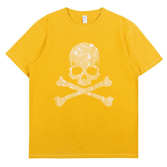 2022 Summer Women 100% Cotton 5XL Color Black Short Sleeve T SHIRTS Lady Silver Skulls Diamond Printed T-shirt Round Neck Tops