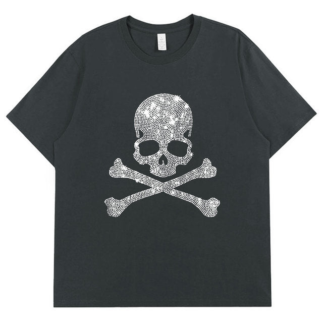 2022 Summer Women 100% Cotton 5XL Color Black Short Sleeve T SHIRTS Lady Silver Skulls Diamond Printed T-shirt Round Neck Tops