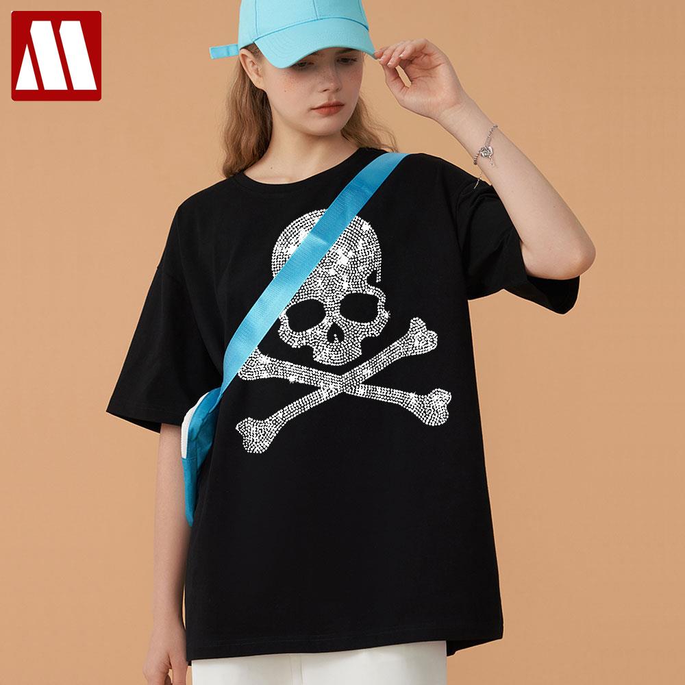 2022 Summer Women 100% Cotton 5XL Color Black Short Sleeve T SHIRTS Lady Silver Skulls Diamond Printed T-shirt Round Neck Tops