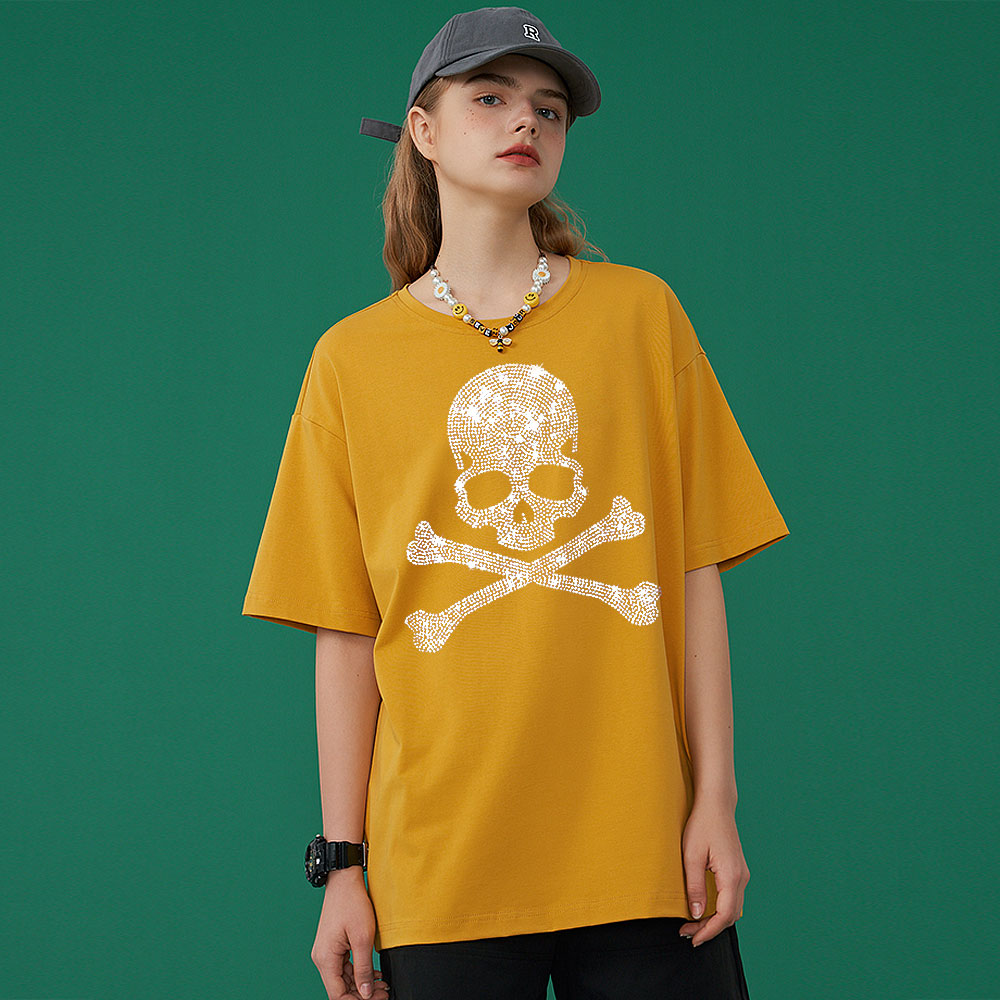 2022 Summer Women 100% Cotton 5XL Color Black Short Sleeve T SHIRTS Lady Silver Skulls Diamond Printed T-shirt Round Neck Tops