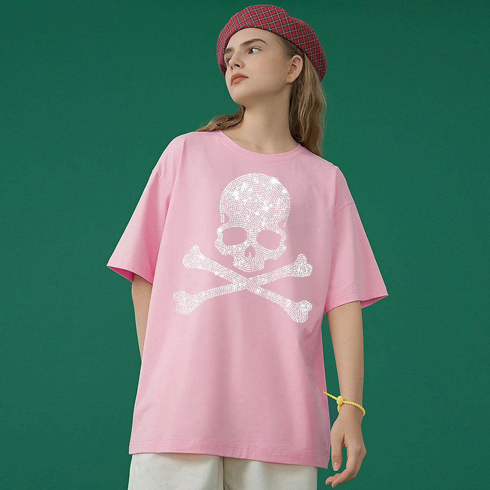 2022 Summer Women 100% Cotton 5XL Color Black Short Sleeve T SHIRTS Lady Silver Skulls Diamond Printed T-shirt Round Neck Tops