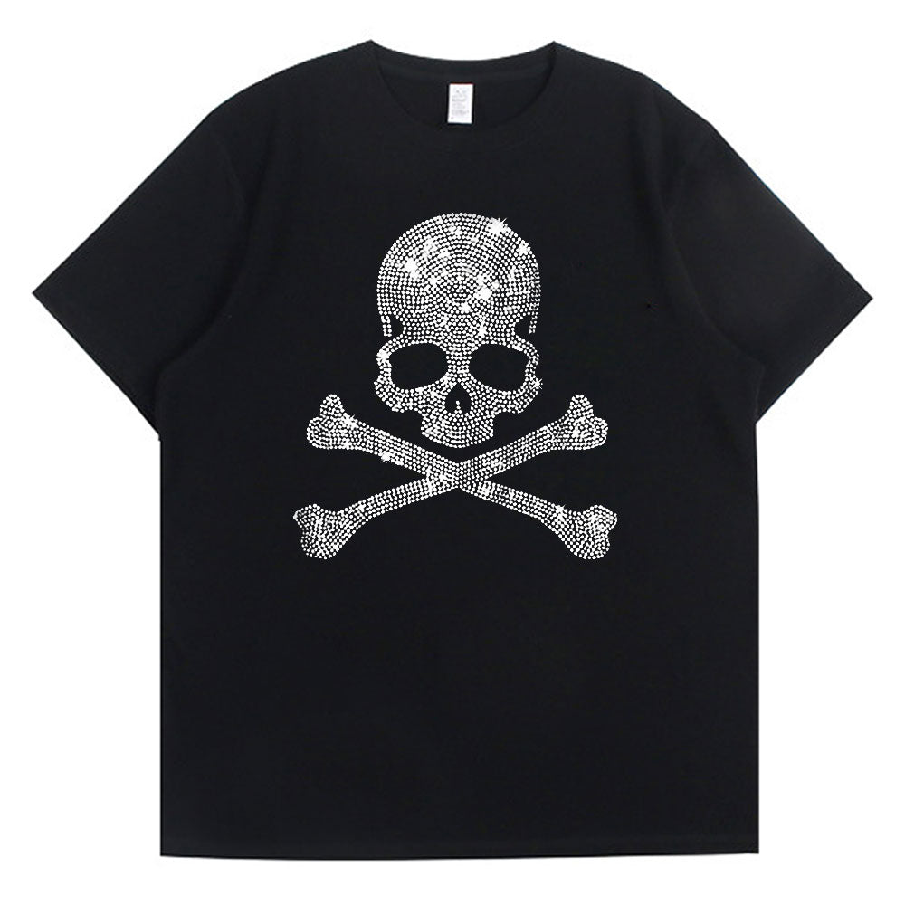 2022 Summer Women 100% Cotton 5XL Color Black Short Sleeve T SHIRTS Lady Silver Skulls Diamond Printed T-shirt Round Neck Tops