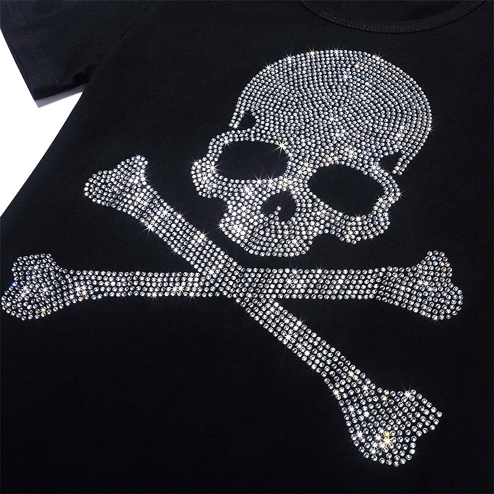 2022 Summer Women 100% Cotton 5XL Color Black Short Sleeve T SHIRTS Lady Silver Skulls Diamond Printed T-shirt Round Neck Tops
