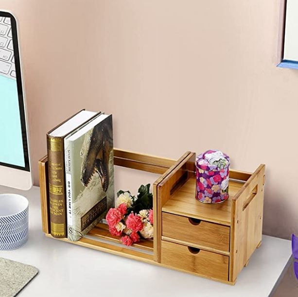 REZOEY Bamboo Extendable Desktop Bookcase Adjustable Wood Desktop Organiser Rack with 2 Drawers Bamboo Tabletop Bookshelf Organiser