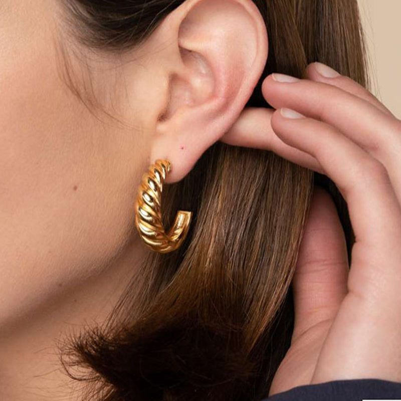 IDEAJOY 14K Gold Plated 925 Stainless Steel C Shaped Twisted Croissant Hoop Earrings