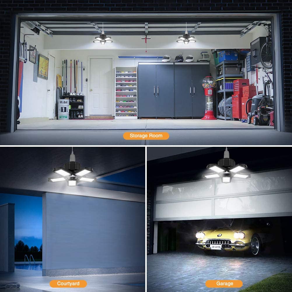 GIAOQ LED Garage Light 80W 8000LM Deformable Garage Light 6500K Daylight Ceiling LED Shop Light with 5 Multi-Position Panels E26/E27 Garage Lighting Garage Light Bulb for Garage Workshop Basement
