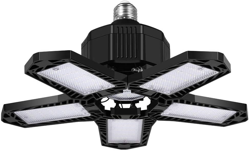 GIAOQ LED Garage Light 80W 8000LM Deformable Garage Light 6500K Daylight Ceiling LED Shop Light with 5 Multi-Position Panels E26/E27 Garage Lighting Garage Light Bulb for Garage Workshop Basement