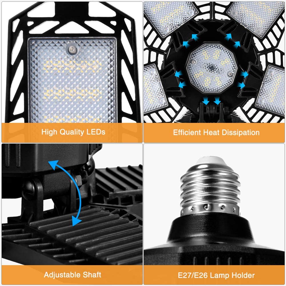 GIAOQ LED Garage Light 80W 8000LM Deformable Garage Light 6500K Daylight Ceiling LED Shop Light with 5 Multi-Position Panels E26/E27 Garage Lighting Garage Light Bulb for Garage Workshop Basement