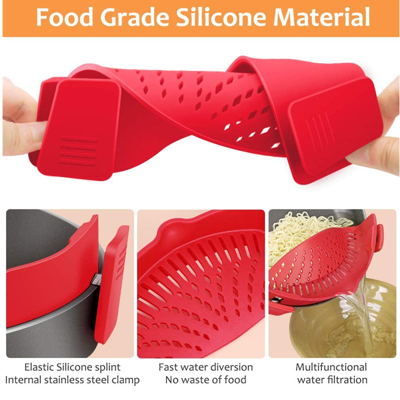 Adjustable Silicone Clip On Strainer Food Grade Heat Resistant Pot Drain Pan Strainer Liquid Drainer Kitchen Colander Strainer