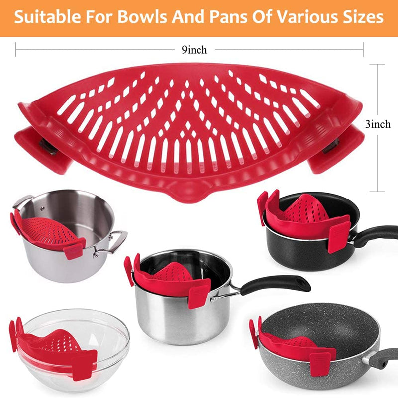 Adjustable Silicone Clip On Strainer Food Grade Heat Resistant Pot Drain Pan Strainer Liquid Drainer Kitchen Colander Strainer