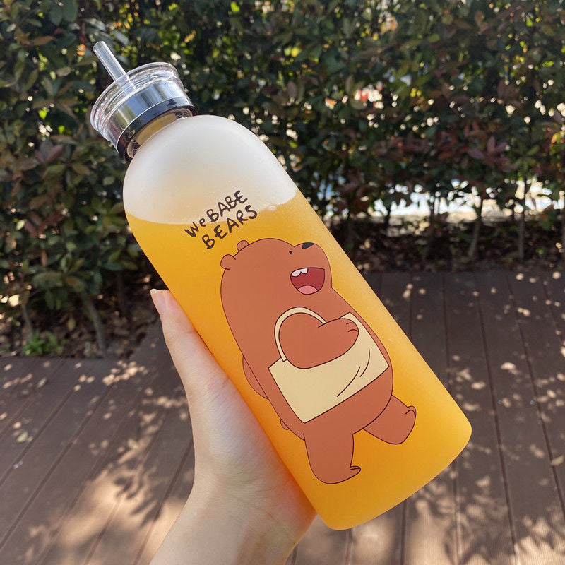 Cute Panda Bear Cup 1000ml Water Bottles With/Without Straw Cartoon Water Bottle Drinkware Frosted Leak-proof Protein Shaker