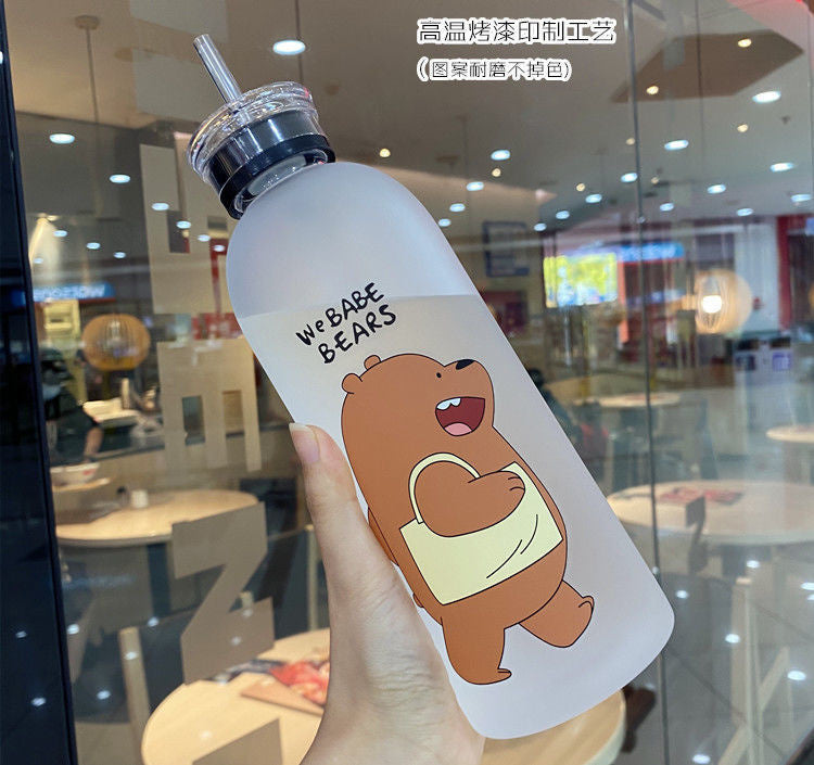 Cute Panda Bear Cup 1000ml Water Bottles With/Without Straw Cartoon Water Bottle Drinkware Frosted Leak-proof Protein Shaker