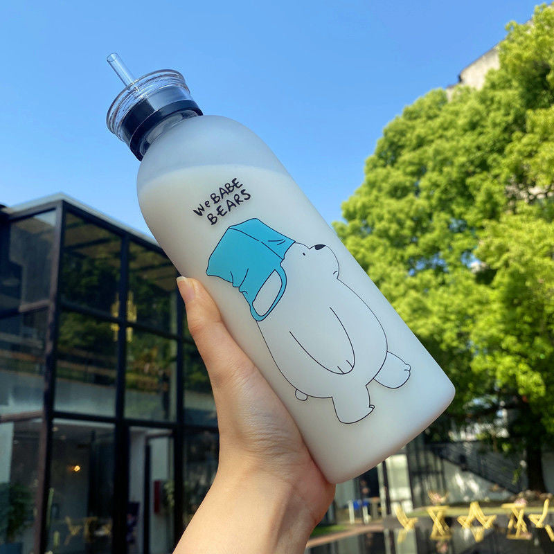 Cute Panda Bear Cup 1000ml Water Bottles With/Without Straw Cartoon Water Bottle Drinkware Frosted Leak-proof Protein Shaker