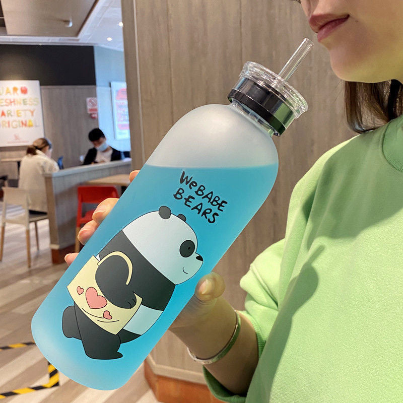 Cute Panda Bear Cup 1000ml Water Bottles With/Without Straw Cartoon Water Bottle Drinkware Frosted Leak-proof Protein Shaker