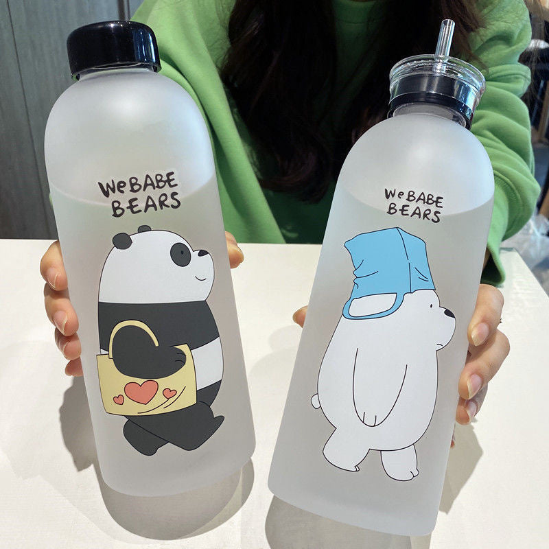 Cute Panda Bear Cup 1000ml Water Bottles With/Without Straw Cartoon Water Bottle Drinkware Frosted Leak-proof Protein Shaker
