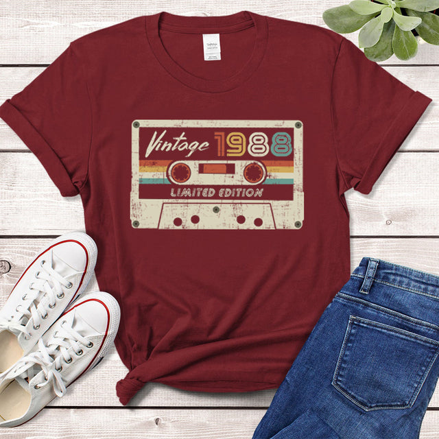 Retro Tape Printed Vintage 1988 Limited Edition T Shirt Women Harajuku 80s 34th 34 Years Old Birthday Party Top Ladies Clothes