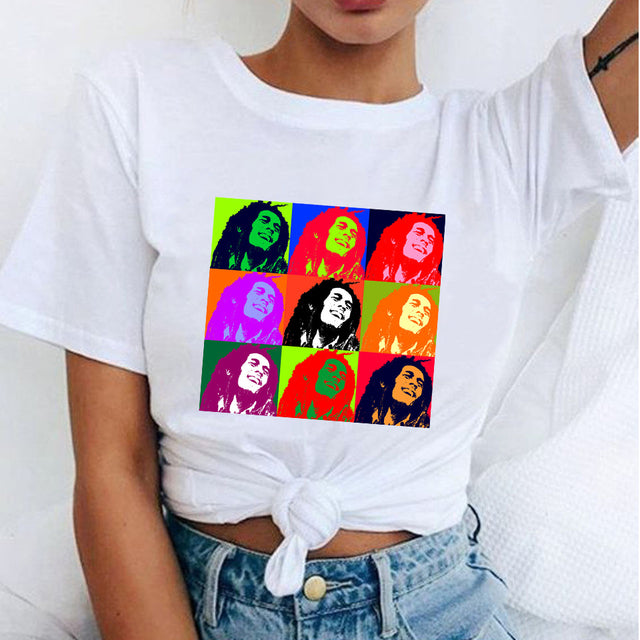 Tops Women Bob Marley Fashion T-Shirts Printed Casual Round Neck Graphic Short Sleeve T-shirts Summer Tops Harajuku Shirt