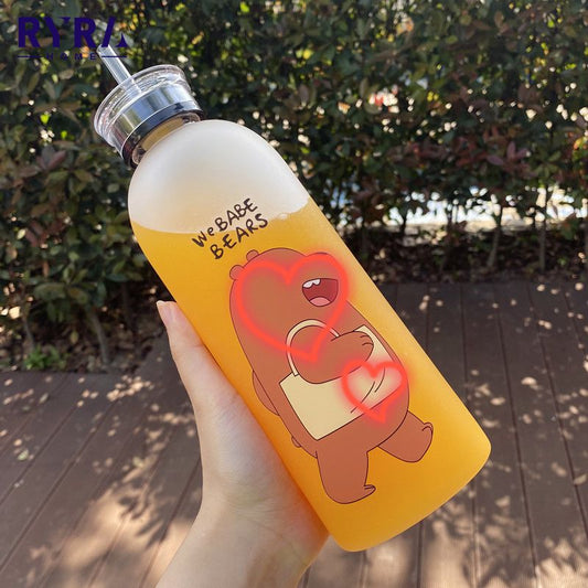 1L Cute Panda Bear Straw Cup Transparent Water Bottles Leak-proof Frosted Protein Shaker Drink Bottle For Outdoor Sports Fitness