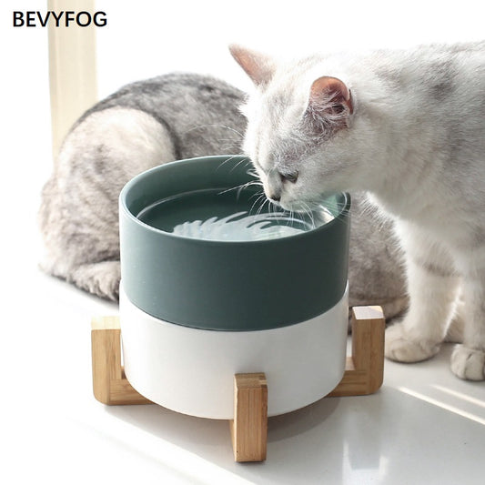BEVYFOG Ceramic Elevated Raised Cat Bowl with Wood Stand No Spill Pet Food Water Feeder Cats Small Dogs