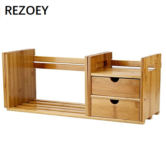 REZOEY Bamboo Extendable Desktop Bookcase Adjustable Wood Desktop Organiser Rack with 2 Drawers Bamboo Tabletop Bookshelf Organiser