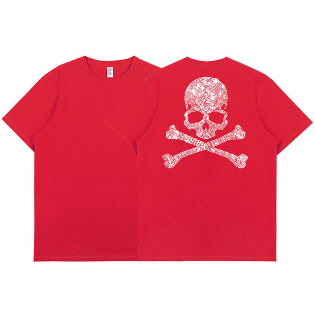 2022 Summer Women 100% Cotton 5XL Color Black Short Sleeve T SHIRTS Lady Silver Skulls Diamond Printed T-shirt Round Neck Tops