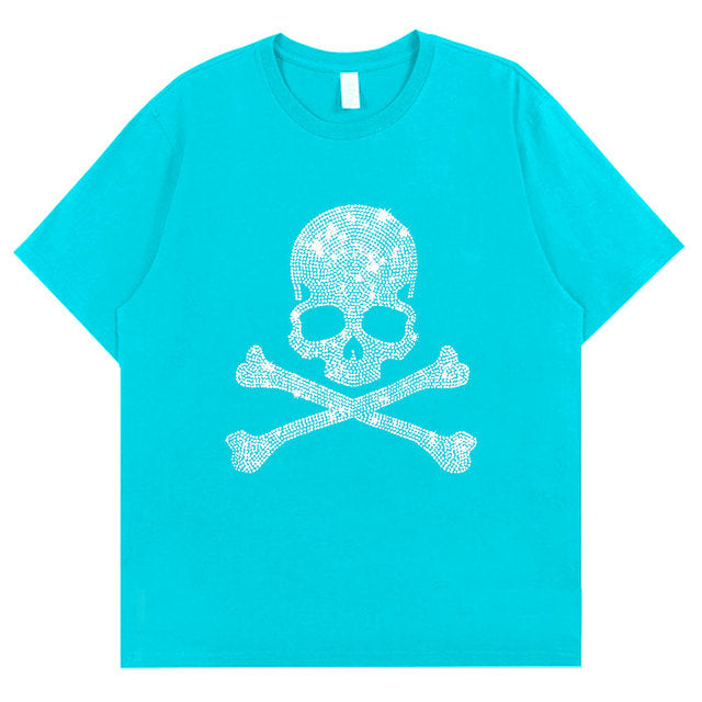 2022 Summer Women 100% Cotton 5XL Color Black Short Sleeve T SHIRTS Lady Silver Skulls Diamond Printed T-shirt Round Neck Tops