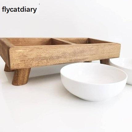flycatdiary Elevated Cat Dog Bowls with Wooden Stand with Double Ceramic Bowls Raised Feeder for Pet