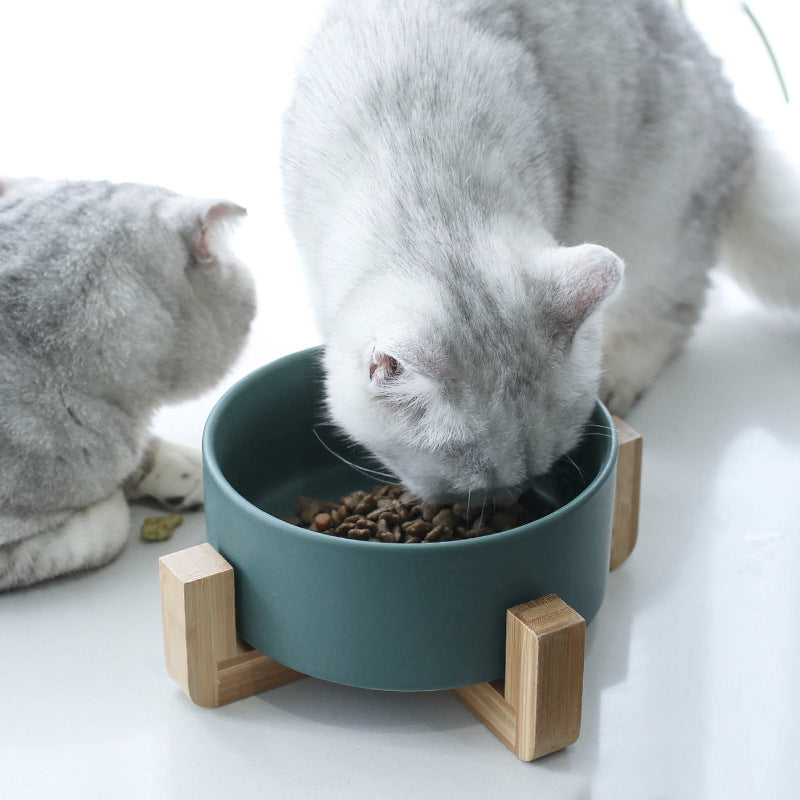 BEVYFOG Ceramic Elevated Raised Cat Bowl with Wood Stand No Spill Pet Food Water Feeder Cats Small Dogs