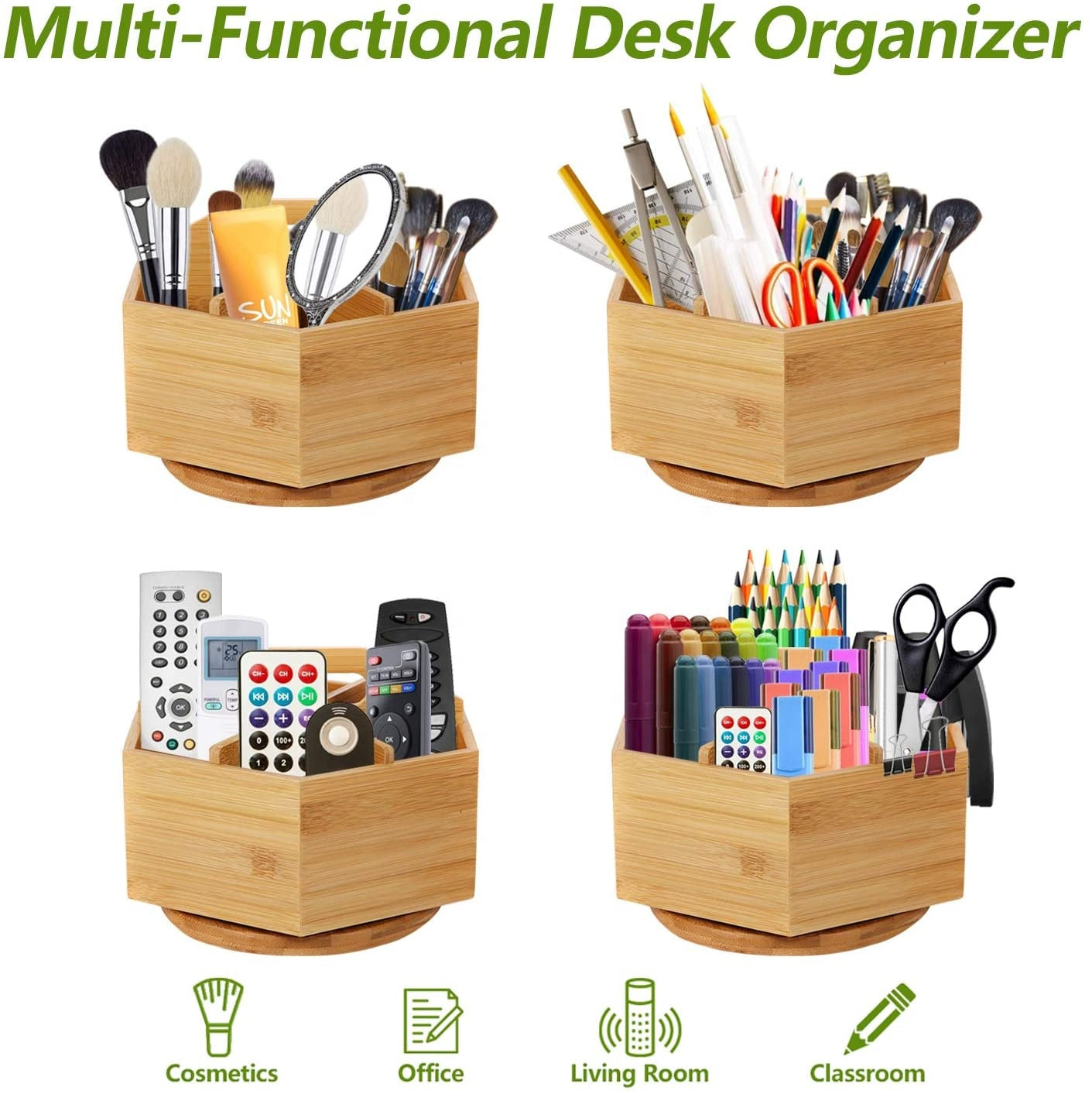 fngaly Bamboo Rotating Art Supply Desk Organizer with Compartments