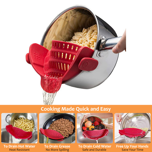 Adjustable Silicone Clip On Strainer Food Grade Heat Resistant Pot Drain Pan Strainer Liquid Drainer Kitchen Colander Strainer